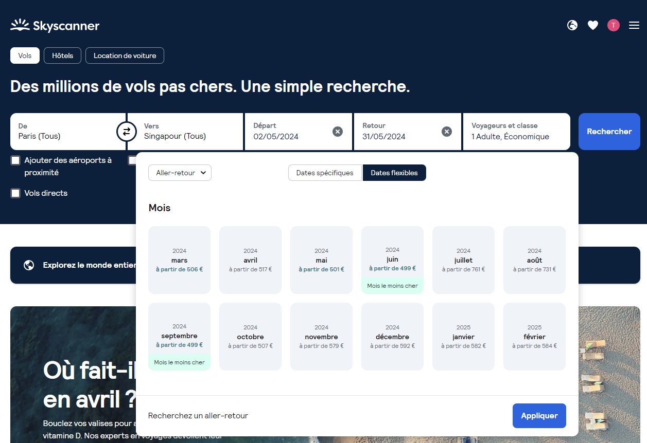 dates flexibles mois le moins cher skyscanner